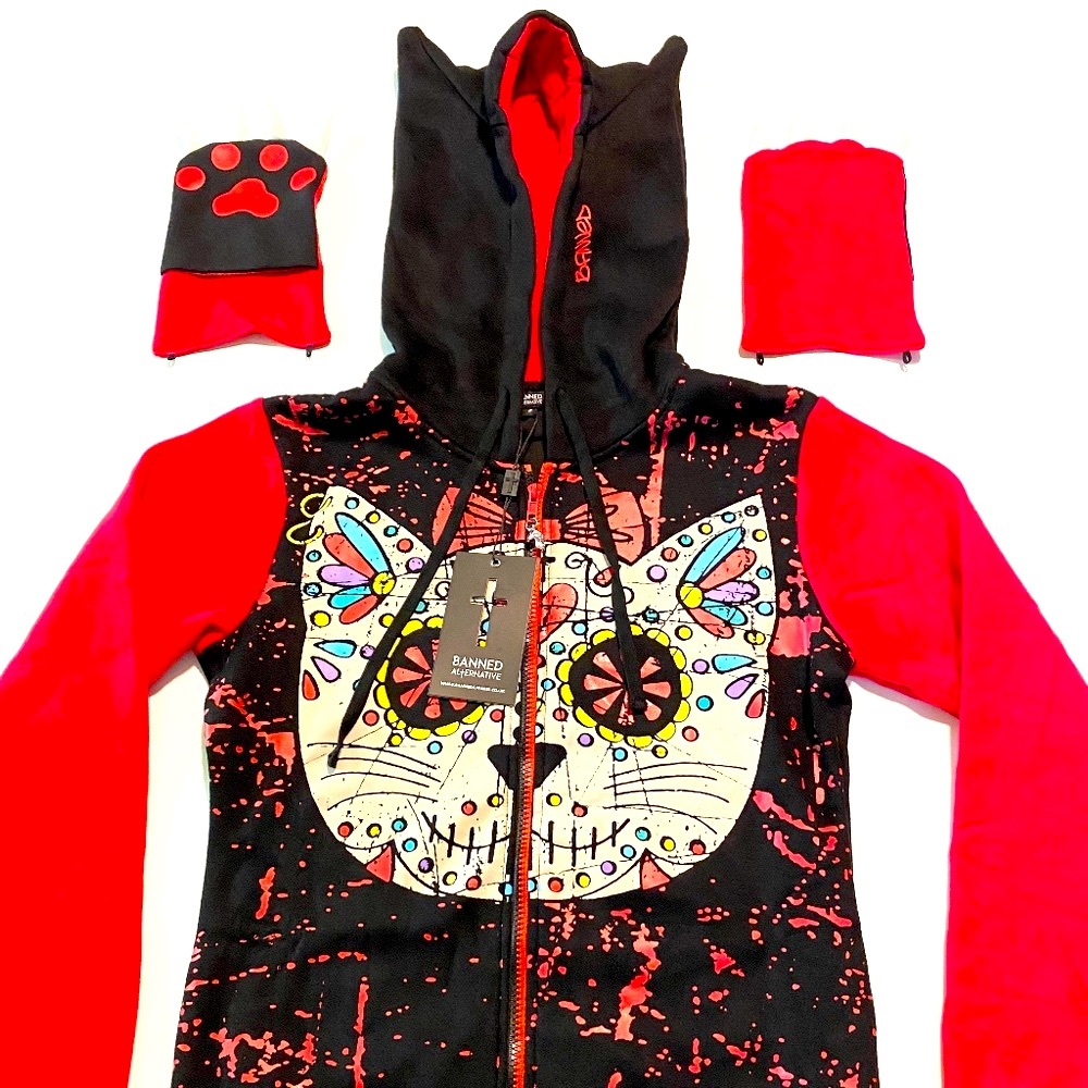 Women’s | Banned Alternative | Zip Up Hoodie | Black & Red | S (6)